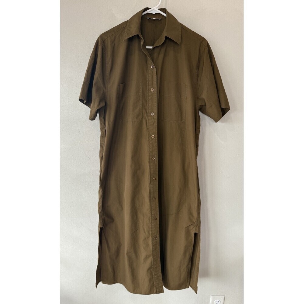 Vince Dress Womens Extra Small XS Green Brown Button Up Midi Slits Short Sleeve